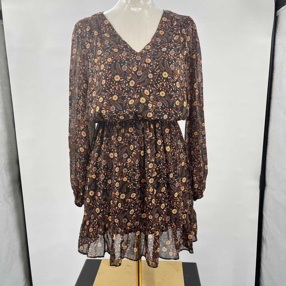 Evereve Floral Mini Dress Womens Small Black Orange Long Sleeve V-Neck - Picture 2 of 10